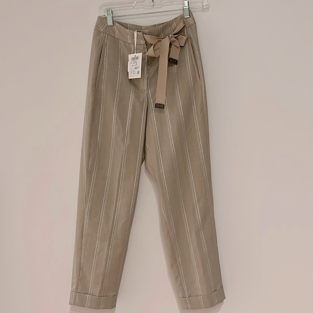 New Peserico tan wool pants with lurex stripes . Us size 2/ IT 38